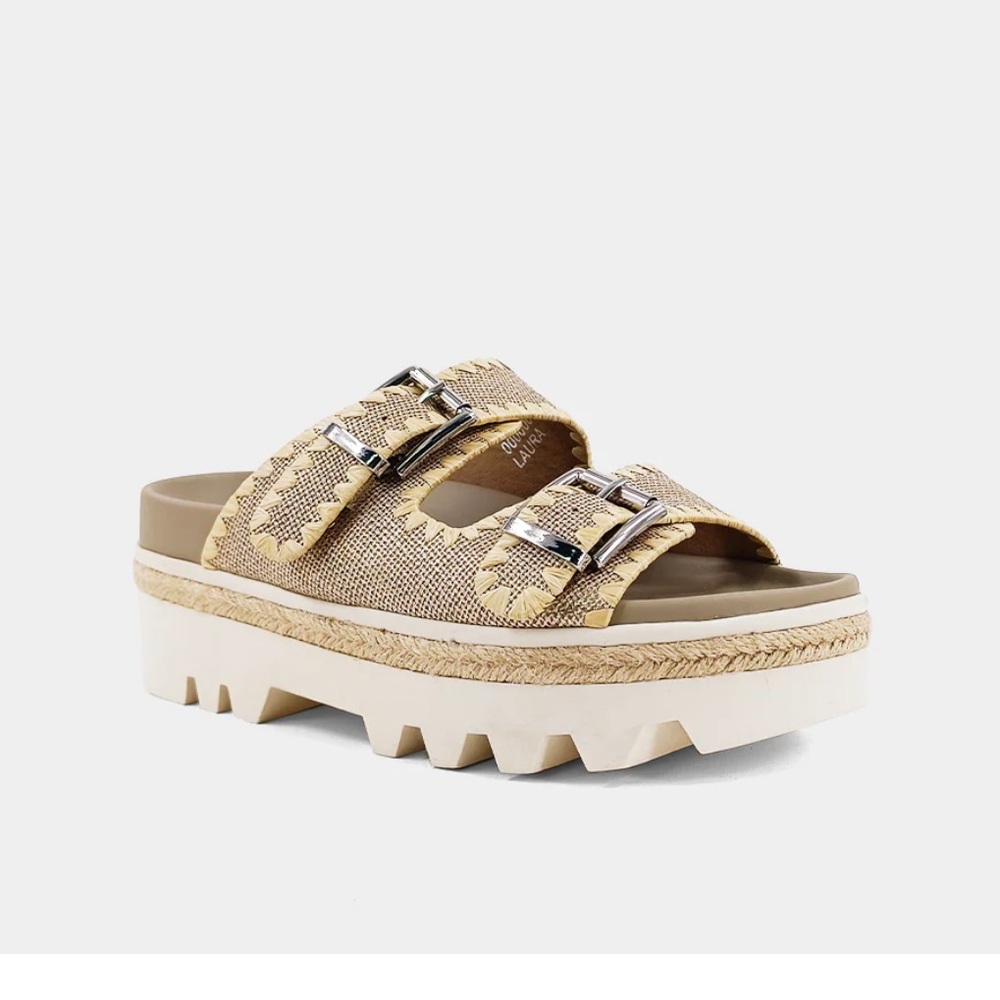 ShuShop Tan and Cream Buckled Platform Sandal